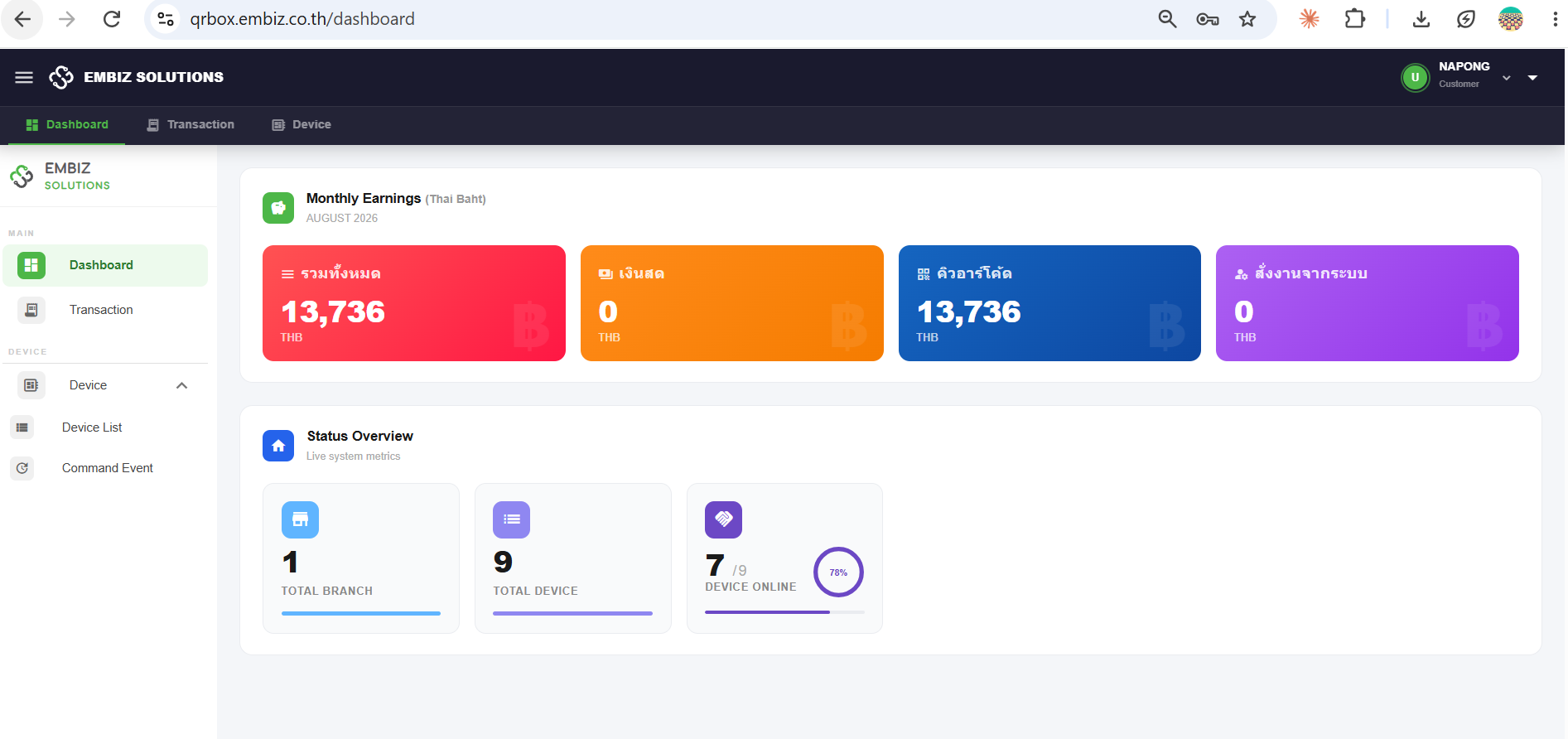 หน้าจอ EMBIZ Monitor แสดงยอดรวม เงินสด คิวอาร์โค้ด จำนวนสาขา และเครื่องที่ออนไลน์